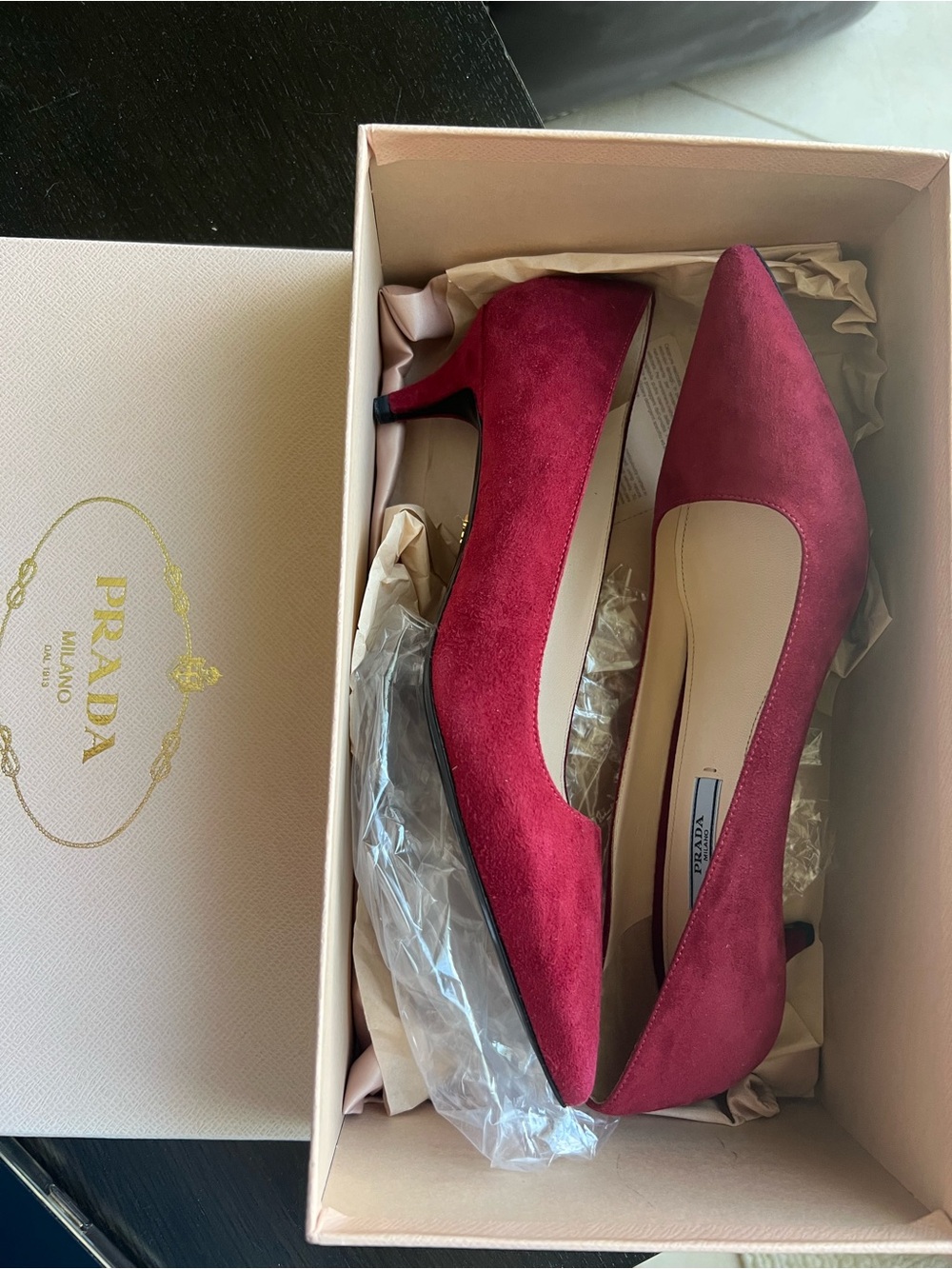 Prada Burgundy Suede Pointed Kitten Heel Pumps
Never worn!